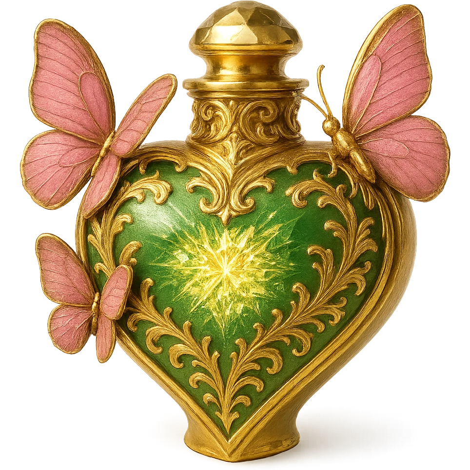 Create a one-to-one heart-shaped bottle as in the example, with the main color green and gold details. Inside, depict a very bright, luxurious, and intricate crystal effect with even more sparkle and glow. Keep the pink butterflies as shown. Remove the background. emoji