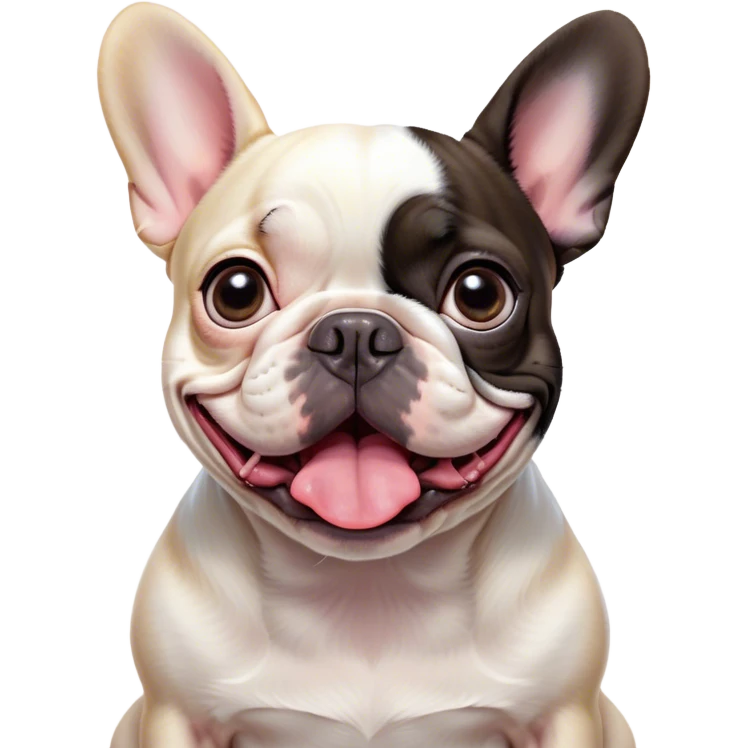 Cinematic Comical Pied French Bulldog Portrait Emoji, Head tilted with an exaggeratedly shocked, comical expression and wide, humorously expressive eyes, showcasing a distinctive pied fur of contrasting hues and a charmingly goofy face, simplified yet hilariously detailed, glowing with a sassy, playful radiance, high shine, exuding a mischievous and meme-worthy charm, styled with a soft glowing outline, capturing the essence of a Pied French Bulldog that looks ready to spark a viral laugh! emoji