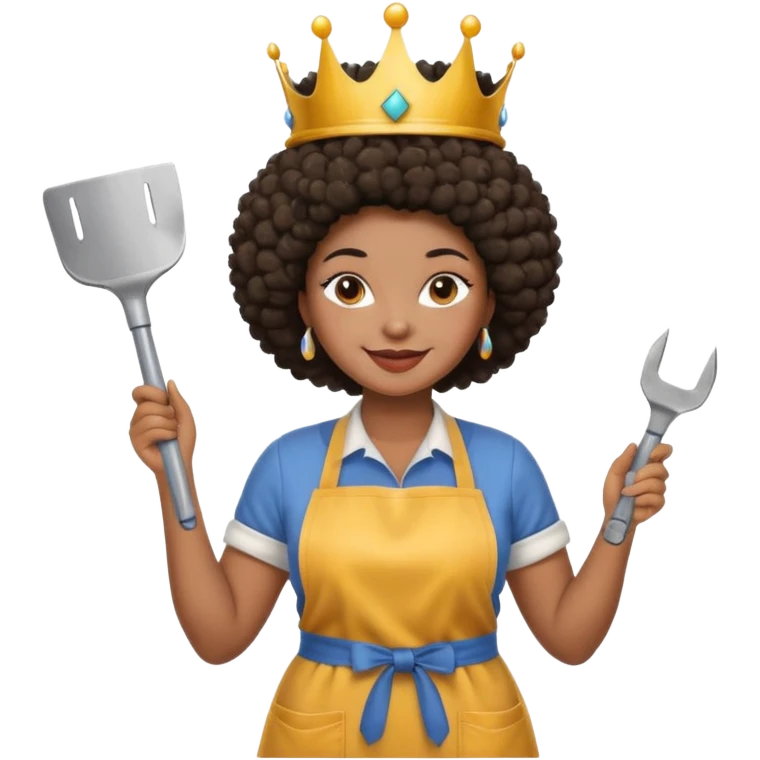 Mujer curvy afro, con vestimenta cómoda y delantal,con una corona sobre su cabeza y sonrisa contagiosa. En la mano herramientas de construcción emoji