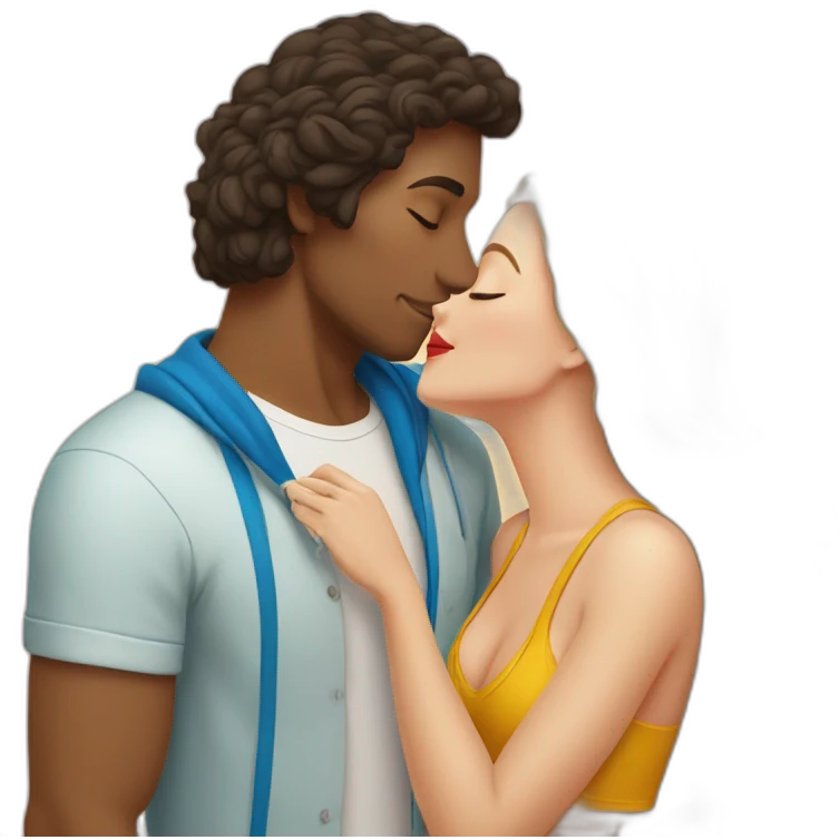 with beach clothes young metis man and white woman kiss love emoji