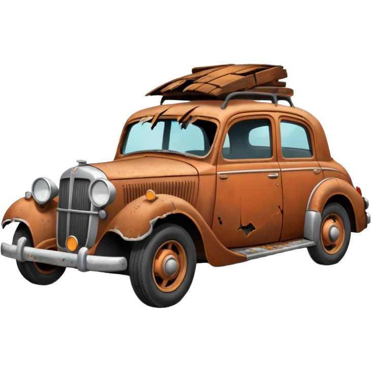 Side view of a broken-down old car with steam from the open bonnet, shattered windows, rusted doors, a flat tire, dents, peeling paint, and a grimy, neglected look. emoji
