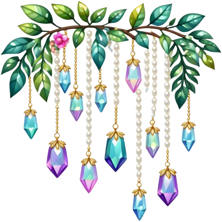Few cute tiny Iridescent glistening glossy sparkly shiny glittery hanging crystals pearls and beads and gemstones scenery scenic decorations with plants and flowers emoji