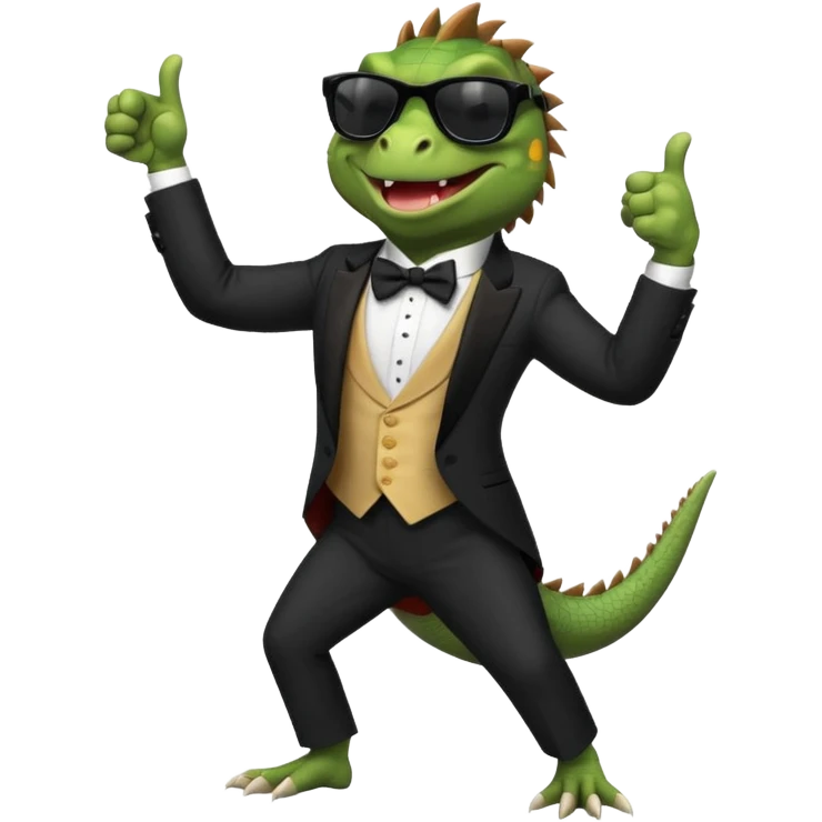 capitalist iguana banker in tuxedo and black sunglasses dancing crazy thumb up emoji