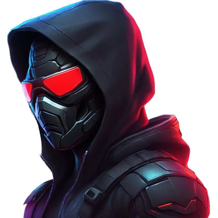 developer behind his laptop with this style : crysis Cyberpunk Riot Games Valorant neon glowing bright red character red dark black hooded assassin themed character emoji