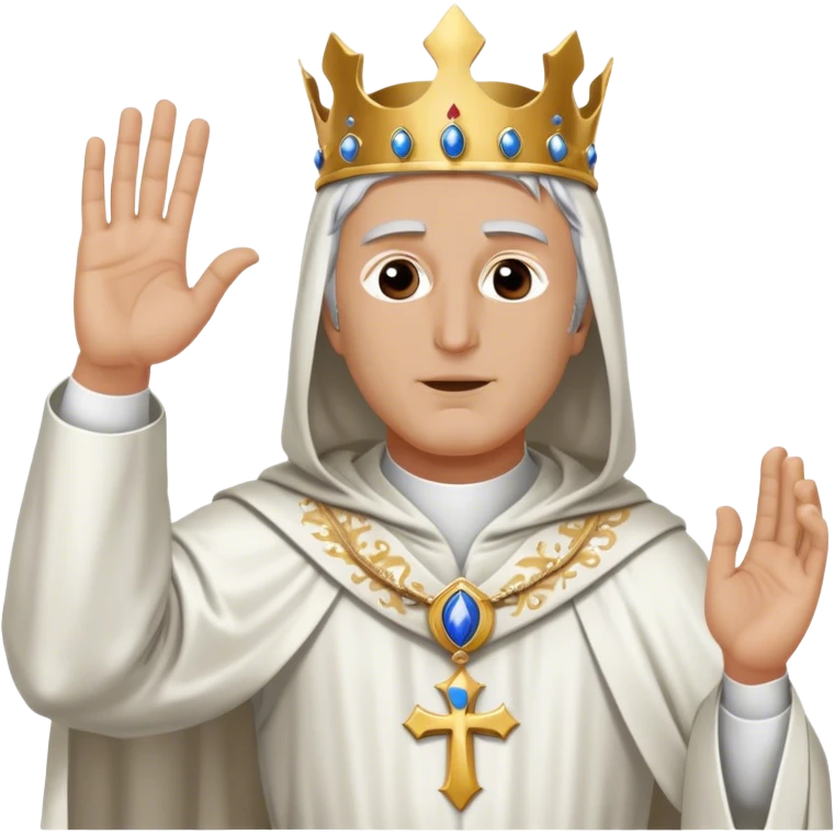 Create an emoji-style image of King Baldwin IV from Kingdom of Heaven. He is standing with his head bowed, wearing a silver mask that covers his face. His right hand is raised in a blessing gesture, and he is dressed in a holy white robe. emoji