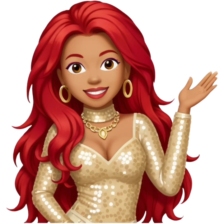 Keyshia Cole with long red hair, cream sequin outfit emoji
