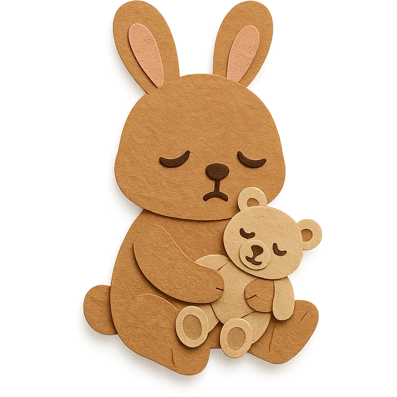 flawless, highly detailed, high quality paper craft style illustration of a caramel-colored bunny holding a teddy bear, eyes drooping, perfect proportions, no imperfections, intricate textures, soft lighting, delicate cut-paper details emoji