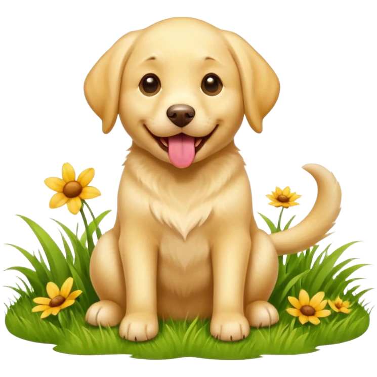 A yellow Labrador Retriever sitting on a grassy field, smiling with its tongue out under bright sunlight. Realistic lighting, outdoor park setting, friendly expression, high detail. emoji