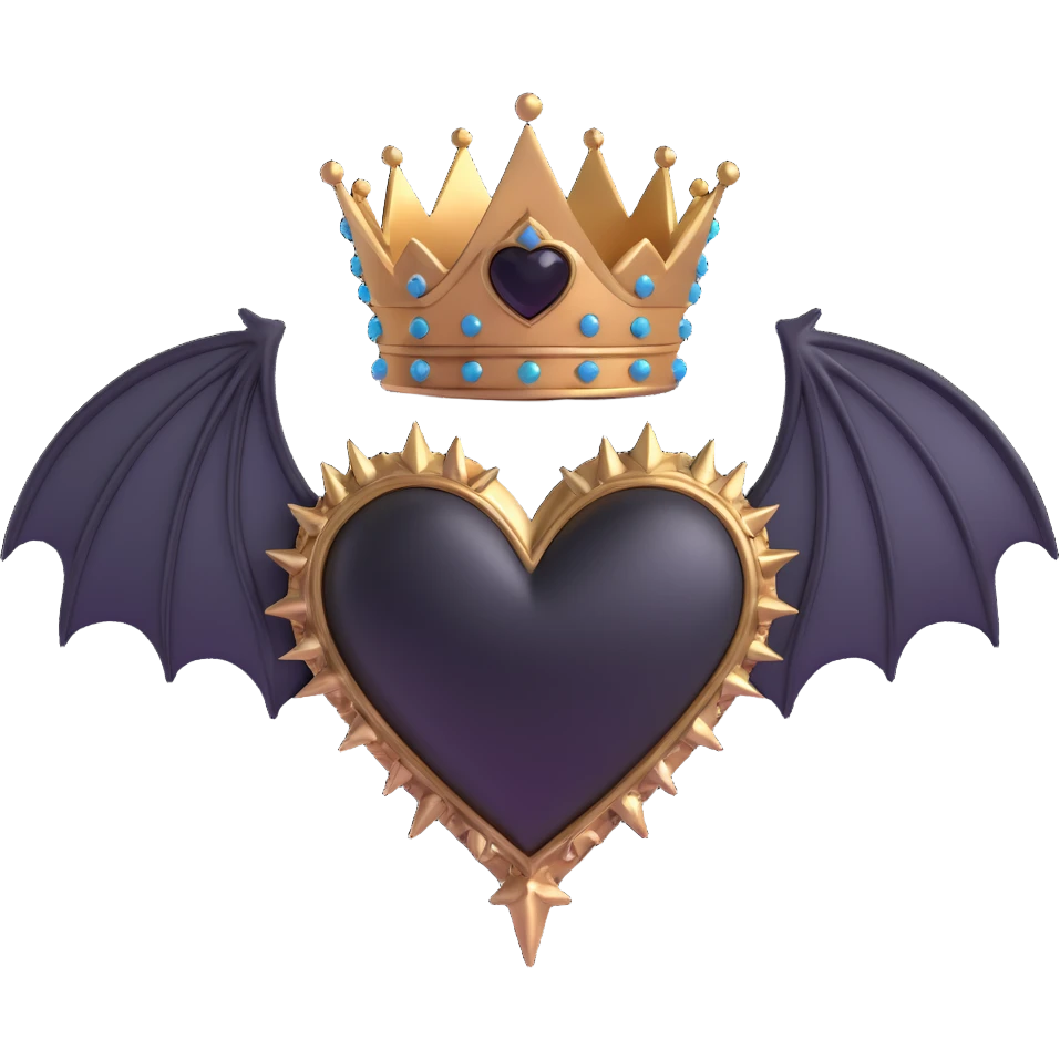 black gothic heart with metallic spikes, small gothic bat wings, and a gothic crown, ornate, dark, elegant emoji