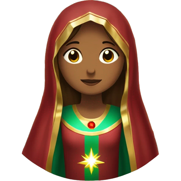 Virgin Mary: kind face looking down at the left, long brown hair, Wearing an emerald green  robe with gold stars and a burgundy red dress,  Hands in prayer or blessing. Halo around her head. standing in front of a big sun.  emoji