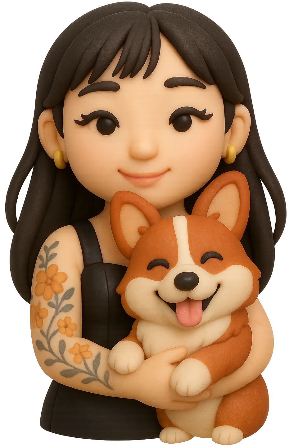 fondant cake art style emoji of an Asian girl with long hair and wispy bangs, black leather dress, gold earrings, subtle false lashes, and a 3/4 sleeve tattoo with flowers on her left arm, hugging a cheerful red head tri-color corgi, simplified, emoji-like emoji
