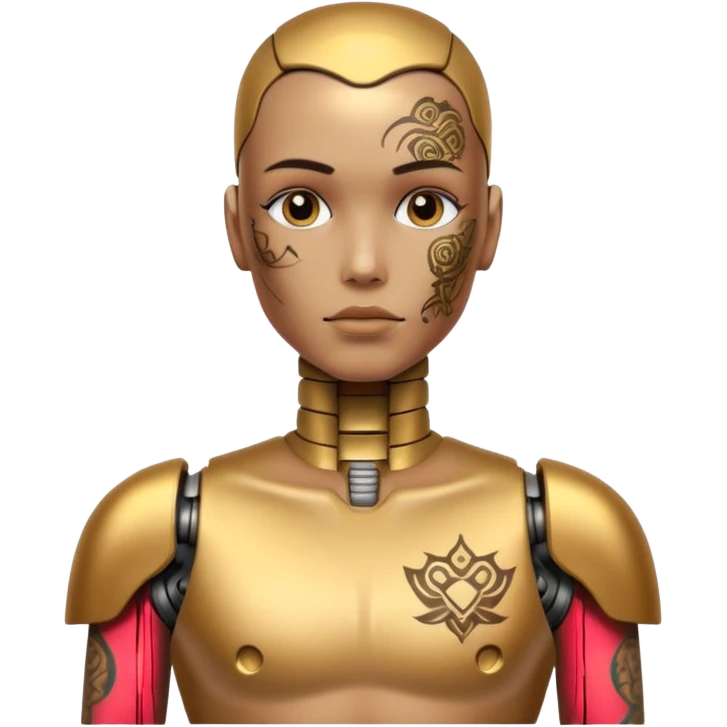 gold Tatooed robot with rada, big many tatooes on chest, neck and face, white tatoo on face emoji
