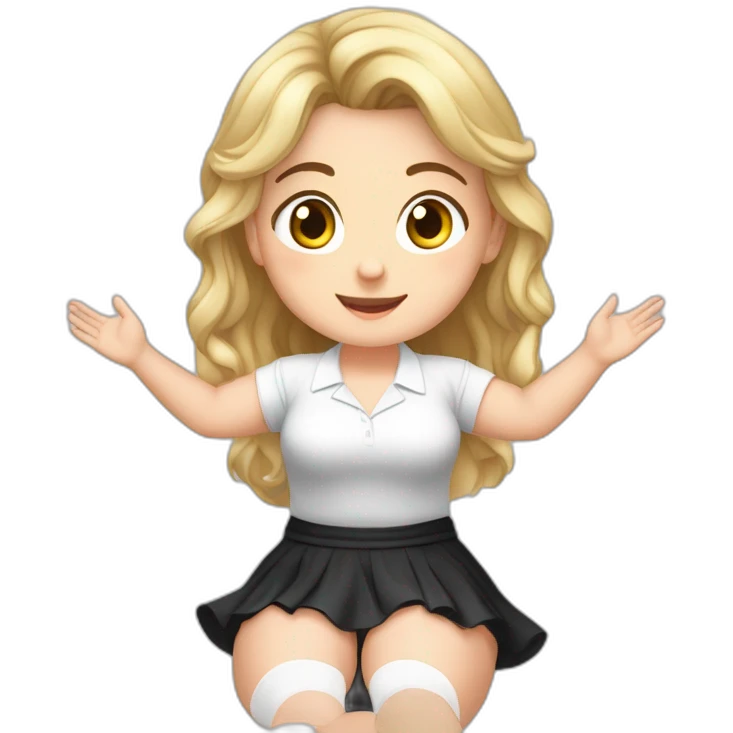 Front view full body curvy caucasian beauty sitting straight hands up black skirt white knickers white socks emoji