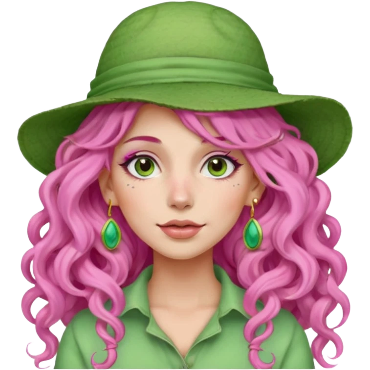 pink haired very long curly haired woman with full full face light green clay mask  and big earrings and hat emoji