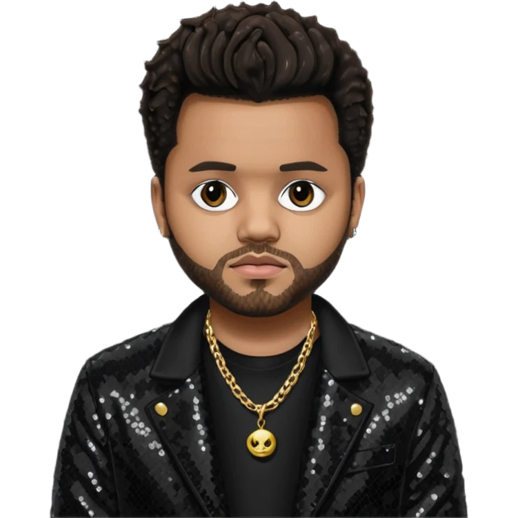 The Weeknd with black sequin jacket, black shirt with necklace, dark brown hair emoji