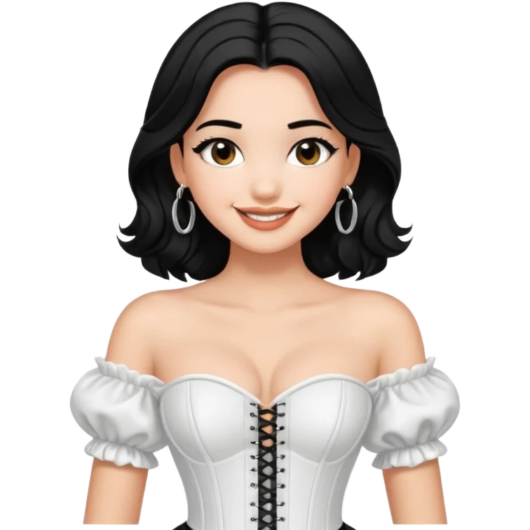 generate a pretty bratz emoji that looks like Kareena Kapoor's Geet character. 
Make her wear a puff sleeve off shoulder white top with a black corset over it. silver hoops, black hair open with middle part. smiling big

She should look like Kareena Kapoor emoji