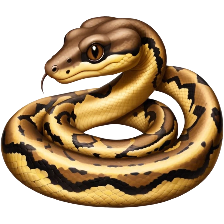 A photo-realistic headshot of a Ball Python with a rounded snout, soft contours, and a calm, curious look. Its warm brown head features bold dark markings, including the signature “alien-head” pattern. emoji