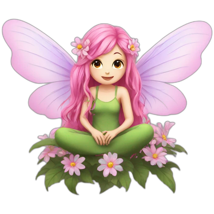long pink hair fae with wings sitting on flower emoji