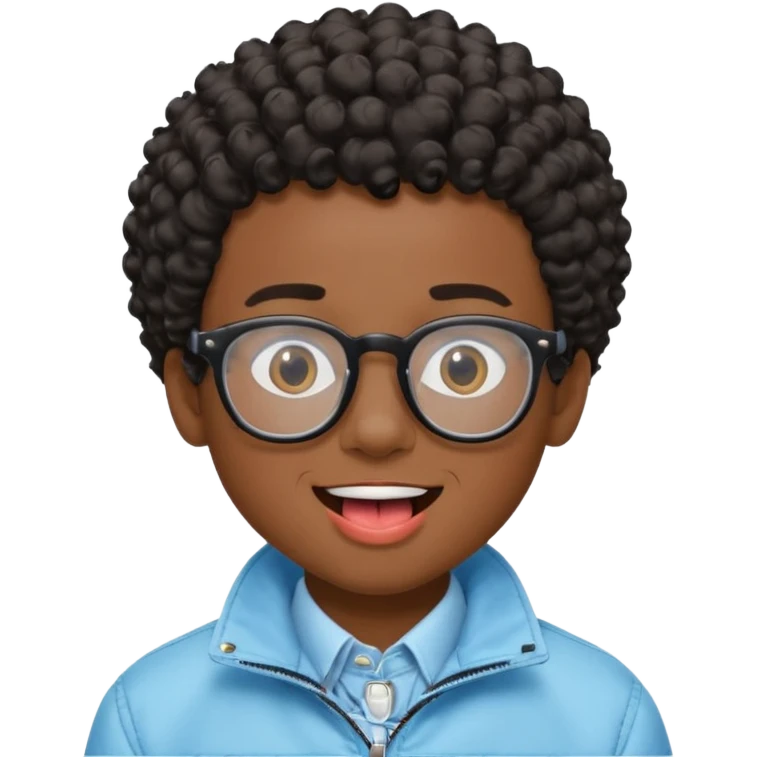 A dark-skinned boy with short curly hair, wearing square black-framed glasses, is sticking out his tongue and is wearing a light blue jacket. The figure is seen from the shoulders up. emoji