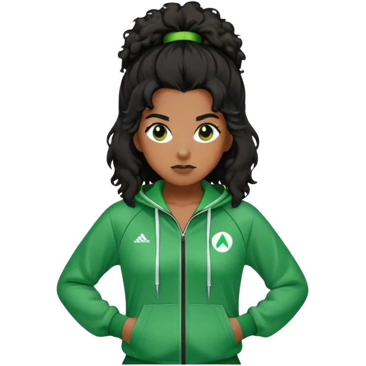Cha Age: Late 40s
a woman with frizzy, black hair tie
Outfit: Green player tracksuit emoji