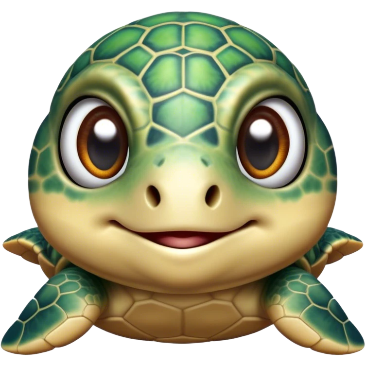 Cinematic Realistic Cute Sea Turtle Portrait Emoji, Head tilted playfully and inquisitively, featuring a compact, gentle form with a beautifully detailed shell adorned with natural patterns and a soft, expressive face with sparkling eyes, rendered with realistic textures and warm ambient light; high shine, affectionate and spirited, styled with a touch of marine whimsy, soft glowing outline, capturing the essence of a mischievous yet lovable sea turtle that seems ready to swim playfully into your arms! emoji
