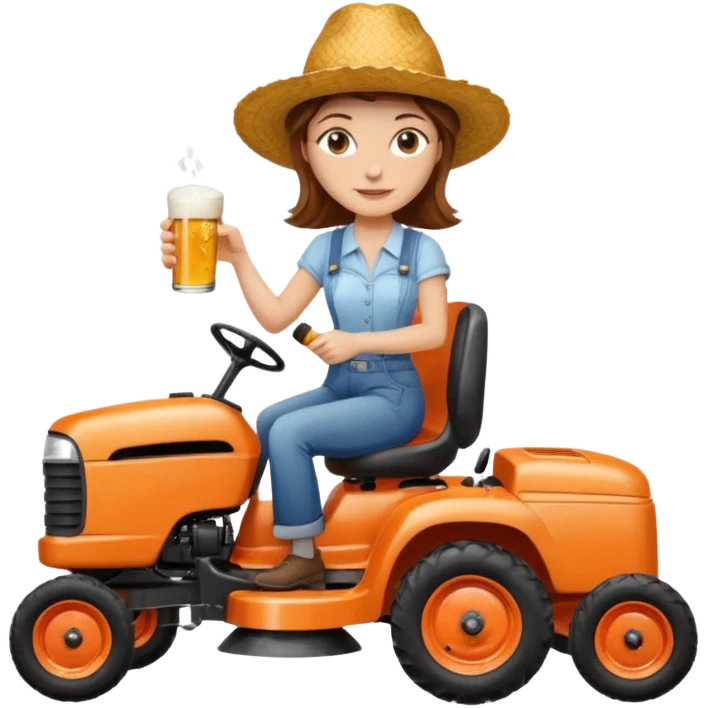 White woman with brown hair, without glasses wearing a straw hat, on old orange ride on lawn mower, holding a beer with one hand and holding the steering wheel with the other hand emoji