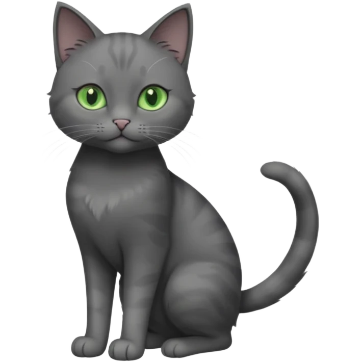 full body view of beautiful female solid dark grey cat with green eyes, white toes/paws and white patch on her chest emoji