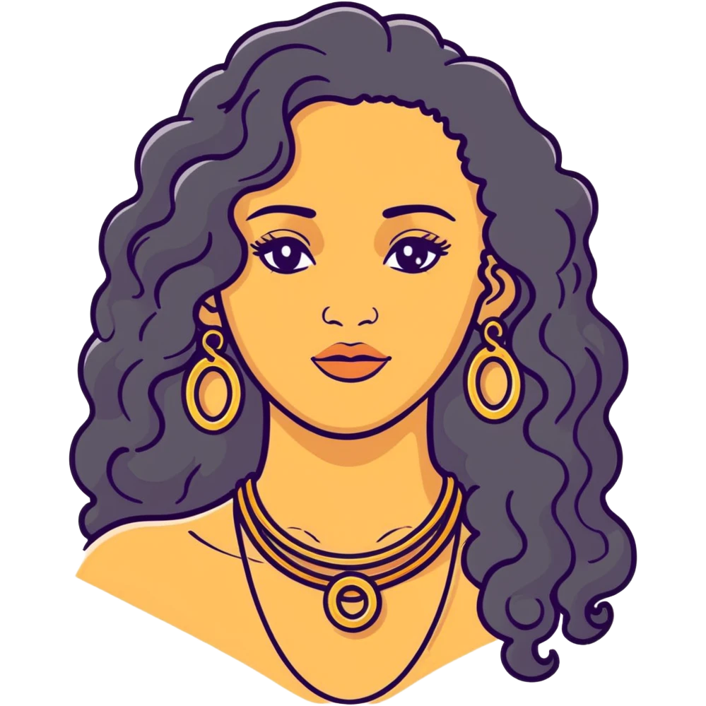 attractive Greek woman with long curly hair and light skin wearing gold hoop earrings and a gold necklace emoji