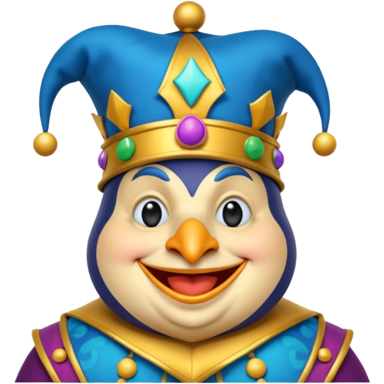 crazy colorful fat penguin jolly joker, medieval, vintage, court jester, mac os icon, blue color emoji
