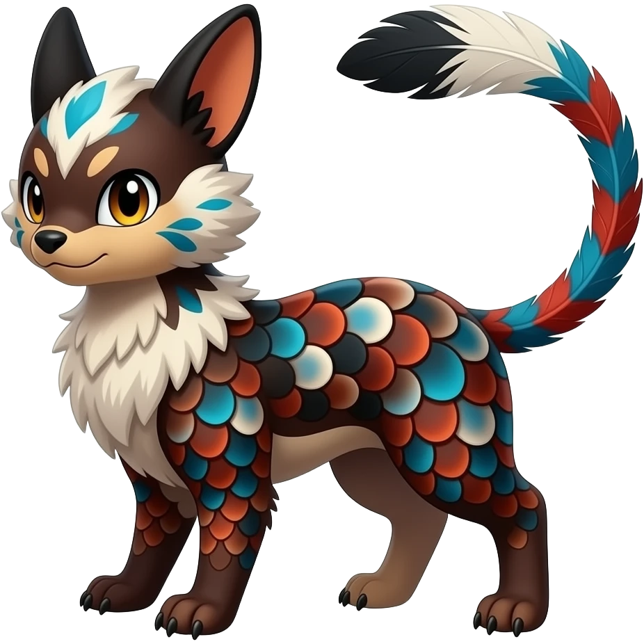 Floral-patterned majestic feathery elegant realistic stylish Furry, fluffy feathery tropical painted scaly, dark-brown, sanguine-red, blue, white, black, Minccino-Bambino-Linoone-Zangoose-fusion-hybrid-animal-Fakémon-creature, full body, thin long sleek feather-tipped tail, intricate markings emoji