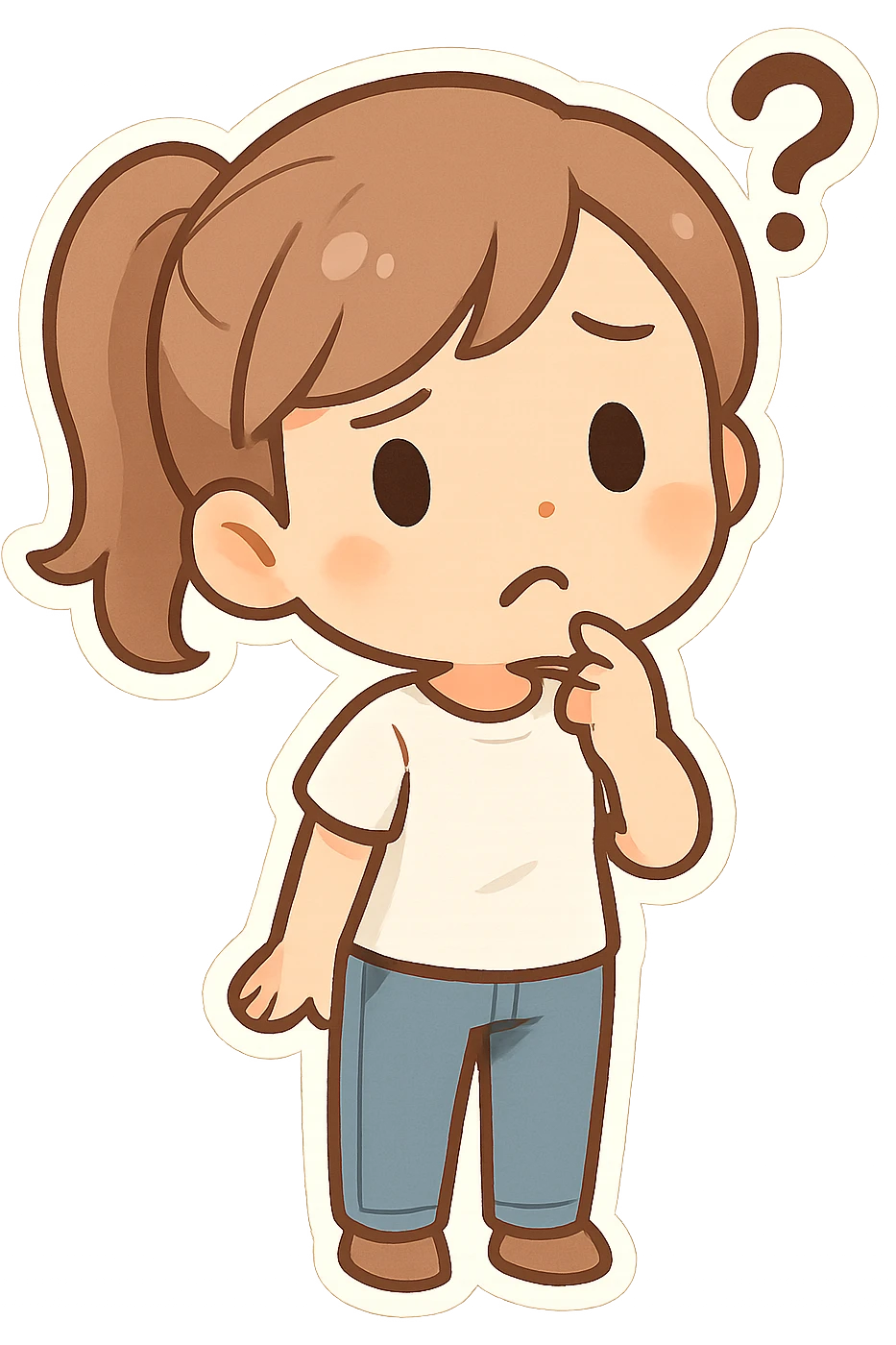cute mini woman with a ponytail hairstyle, wearing a white t-shirt and jeans, with a confused facial expression, chibi style emoji
