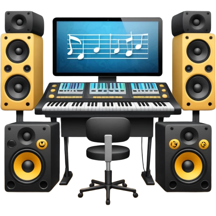 music studio with mixing desk, speakers, and musical notes emoji