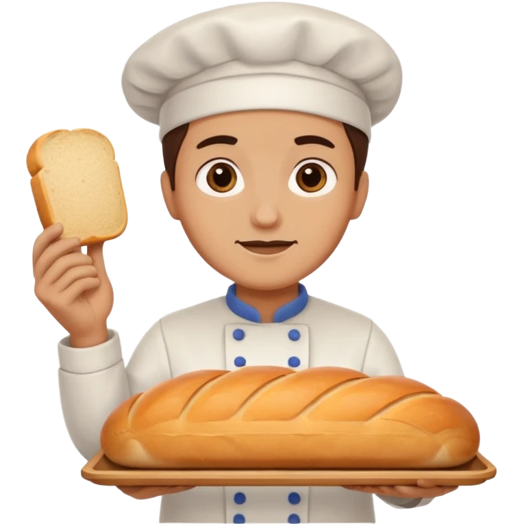 baker holding tray with big bread emoji