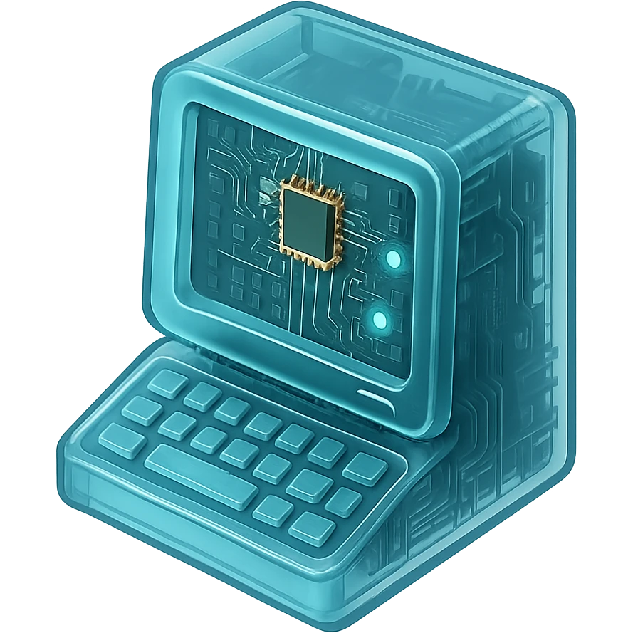 A futuristic computer with internal circuitry visible through its translucent casing, showing detailed motherboard components and glowing elements emoji