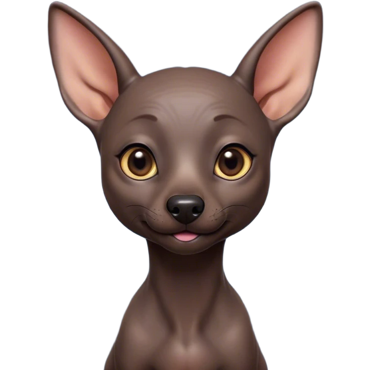 Cinematic Cute Xoloitzcuintle Portrait Emoji, Head tilted playfully and inquisitively, featuring smooth, hairless ebony skin with distinctive, artistic wrinkles, round, sparkling dark eyes filled with curiosity, Simplified yet irresistibly adorable features, highly detailed, glowing with a warm, friendly glow, high shine, affectionate and spirited, stylized with a touch of whimsy, bright and endearing, soft glowing outline, capturing the essence of a mischievous yet loving companion, so playful it feels like it could trot out of the screen and into your arms! emoji