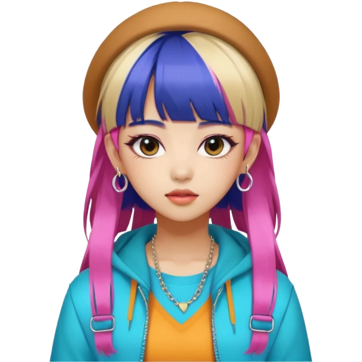 Portrait of a young female K-pop idol, wearing a stylish streetwear outfit with layered clothing and bold accessories, colorful dyed hair with bangs, confident expression, soft lighting, front-facing, energetic and glamorous vibe emoji