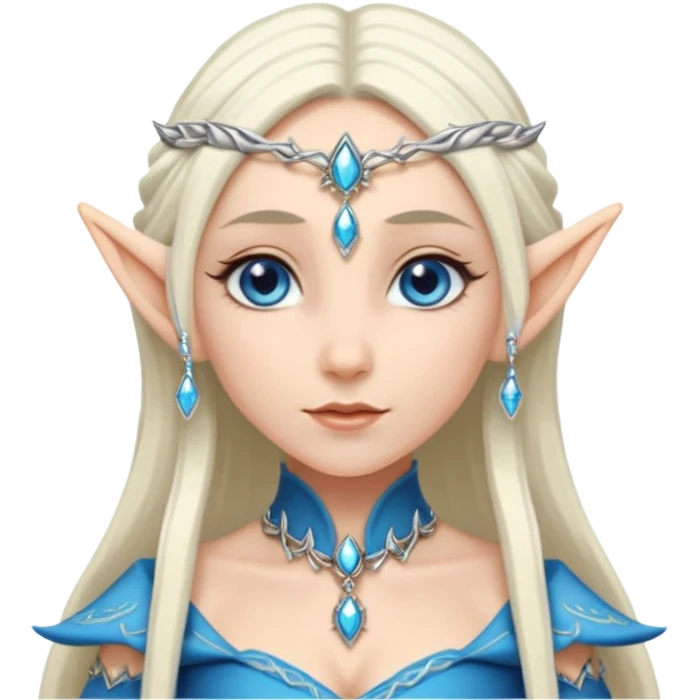 elf princess with pointy ears, white skin, silverblond hair with jewellery, blue eyes emoji