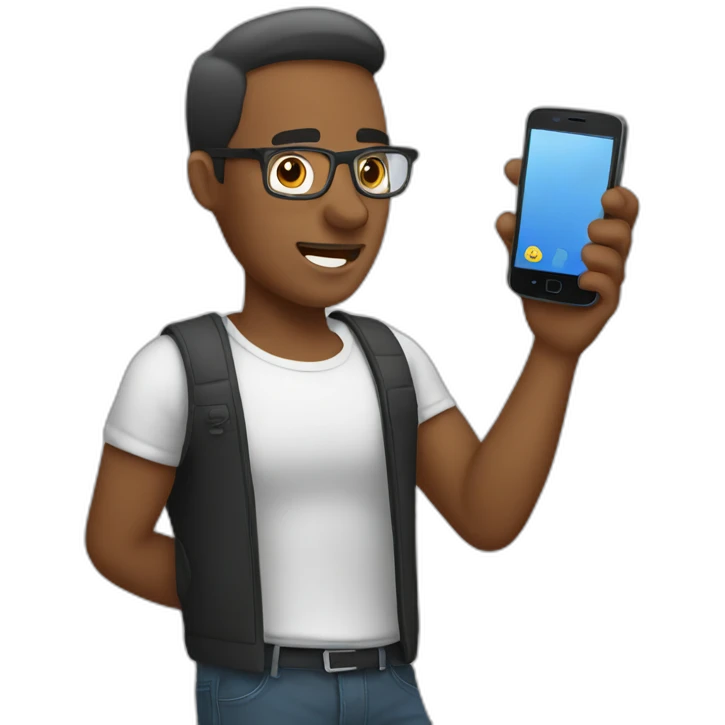 A man talks to his mobile phone sideways emoji