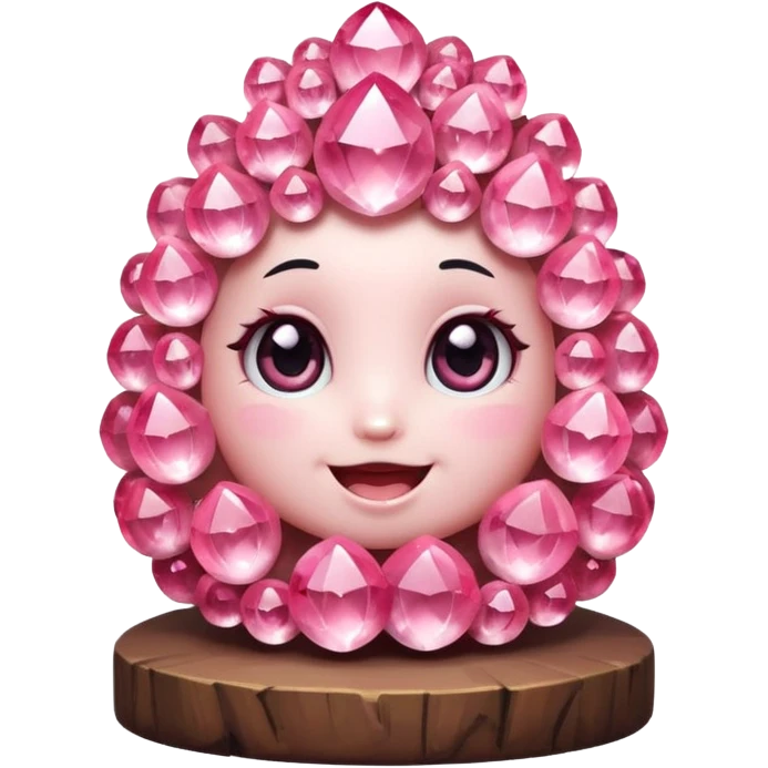 A single cute pink crystal cluster character, chunky round base with many tall rose-pink crystal quartz cluster imperfect, on the front of the base a kawaii face with big shiny eyes and a happy open smile very shiny emoji