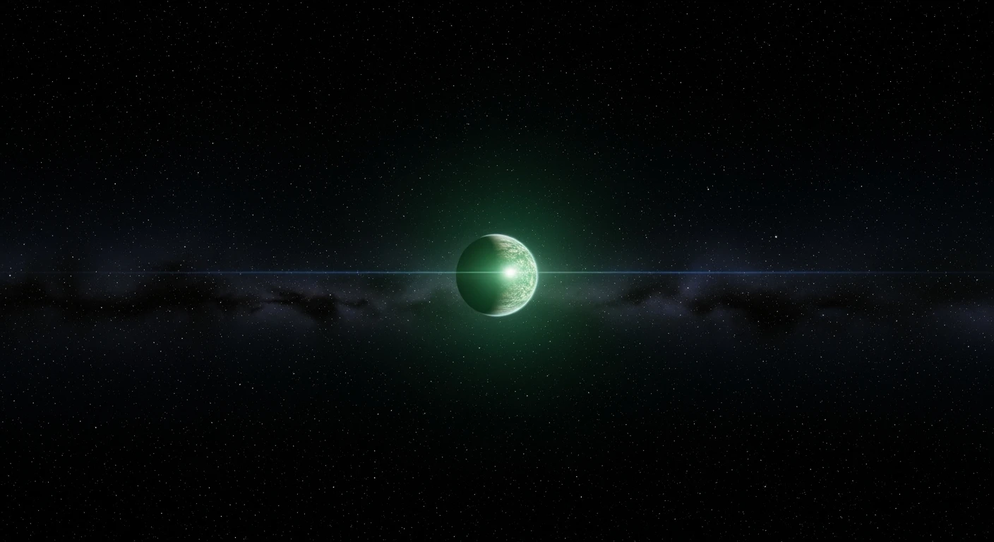 cinematic still, establishing shot in space showing green planet in distance, inspired by StarWars movie, captured by arri alexa  emoji
