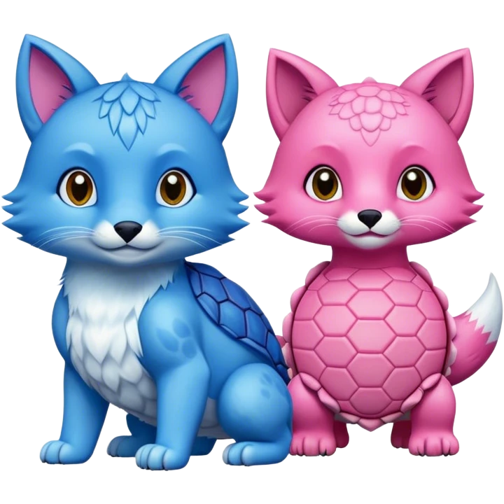 A pink fox turtle and a blue cat turtle emoji