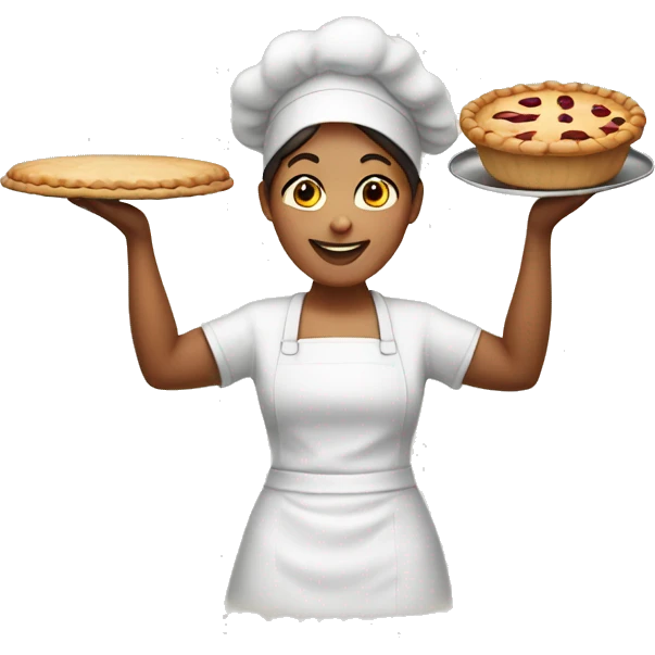 female baker with arms up like holding a pie emoji