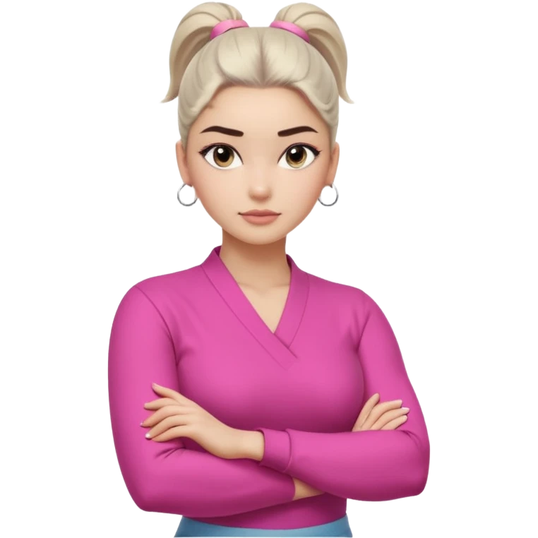 Character: Go-getter, confident, intelligent, composed
Emoji Look:

Light gray eyes, very noticeable

Well-shaped eyebrows, strong appearance

Upper ponytail

Street fashion look
Fair skin with a pink undertone

Arms crossed pose
Feeling: Girl Boss, cool beauty, minimal but powerful emoji