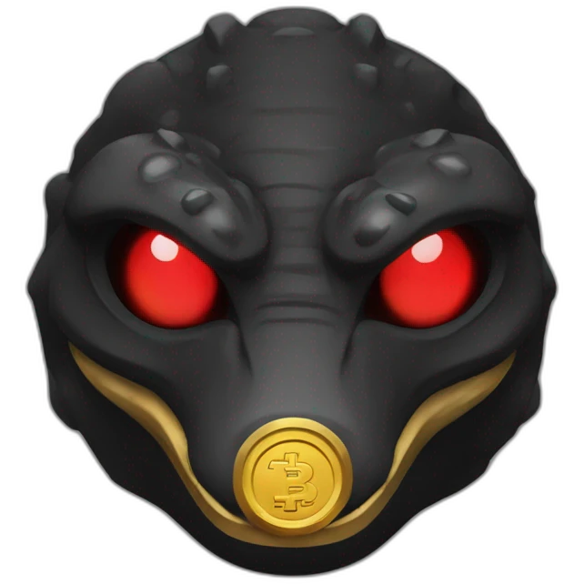 Reptiloid in black suite with red laser eyes on the gold coin emoji