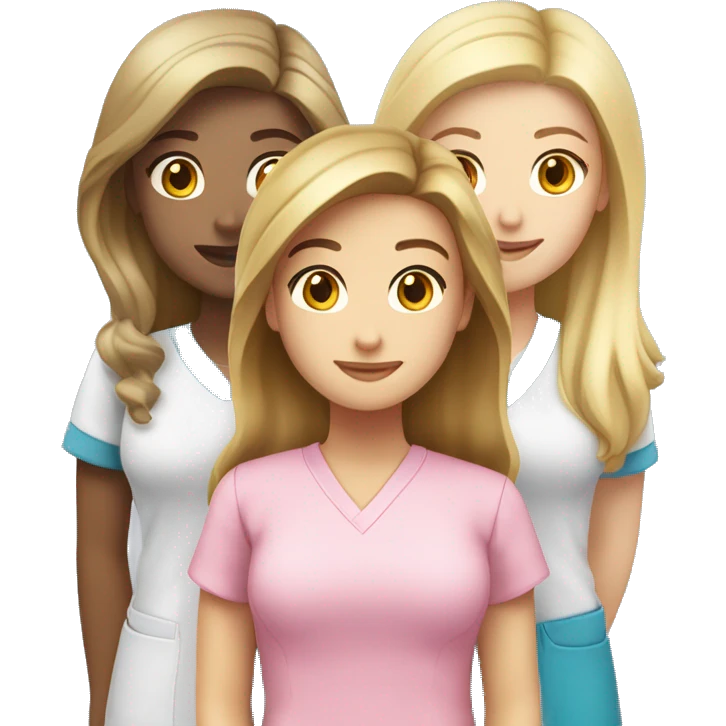 three girls standing together, one of them is Caucasian with long brown hair, next is a Caucasian girl with long blonde hair, next to her is a Caucasian girl with short blonde hair, all of them in pink scrubs dreaming of a perfect flat  emoji