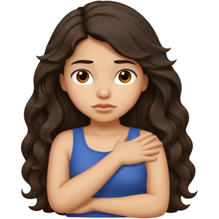 Hispanic light tan girl with long dark wavy hair crossing her arms under arm pit and slightly pouting emoji