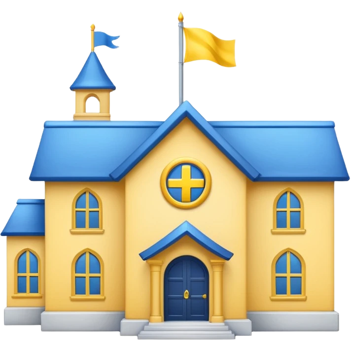 white background, magic school, with a flag, flag on a roof, yellow flag, white maigc school, blue roof emoji