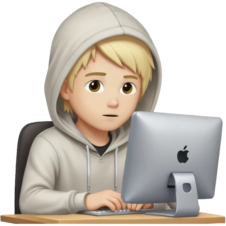 человек за компьютером эмодзиmale coder with blond hair and white skin, wearing a hoodie, sitting in front of a computer, focused on coding emoji