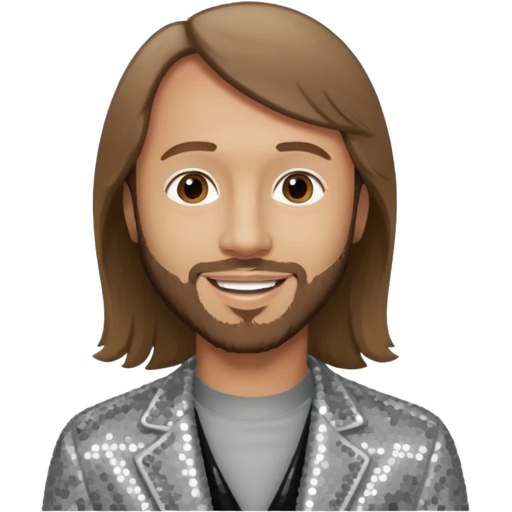 Maurice Gibb from Bee Gees with light grey sequin outfit, long brown hair emoji