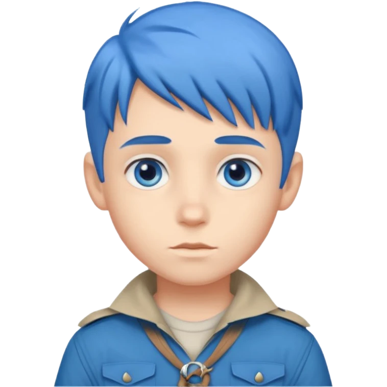 very handsome boy big blue eyes, scout boy with, blue hair  emoji